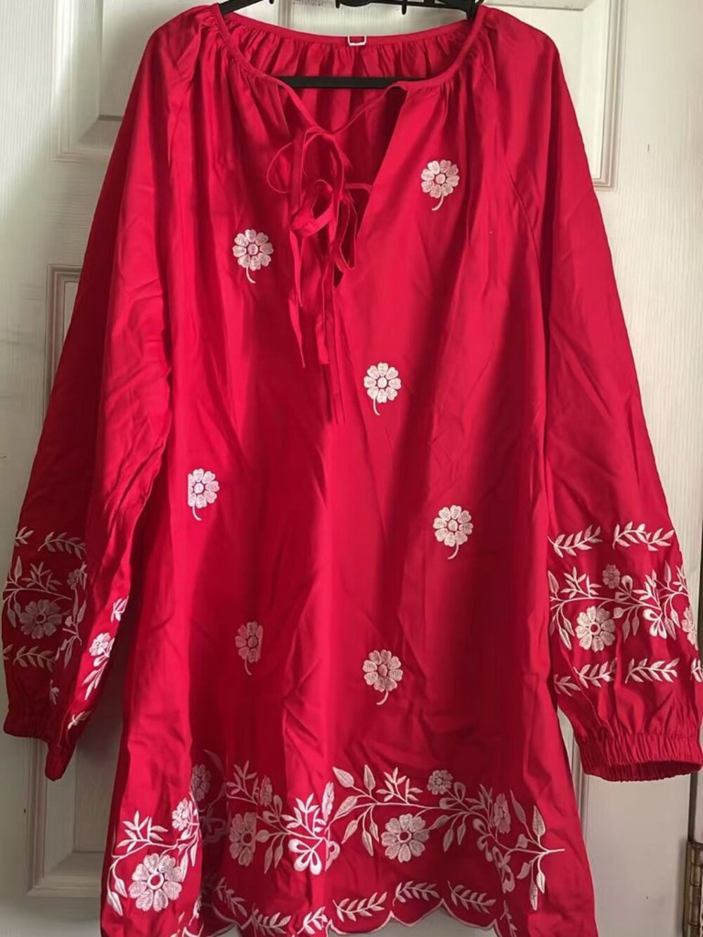 Womens Embroidered Long Sleeve Mini Dress Loose Fit Vintage Embroidery with tie